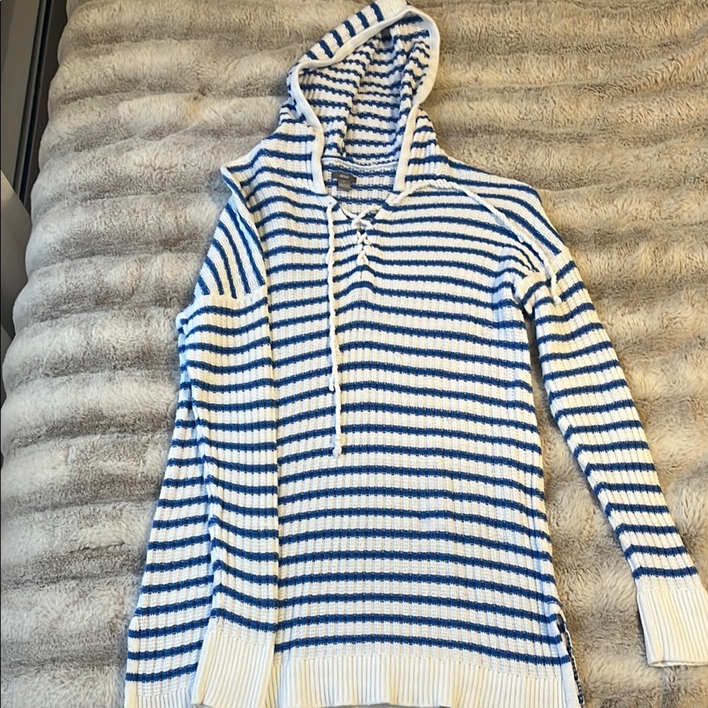 Aerie Blue and White Crochet Hooded Sweater